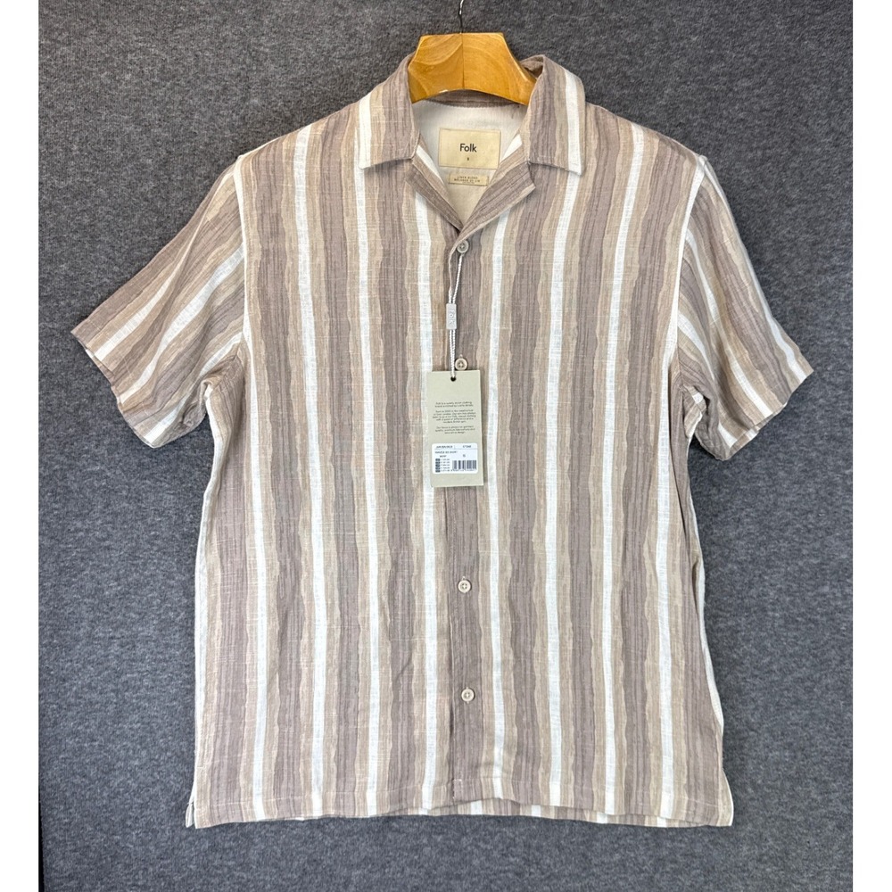 Folk Waves SS Shirt Men S Stone NEW Linen Blend Stripe Camp Collar London Design
